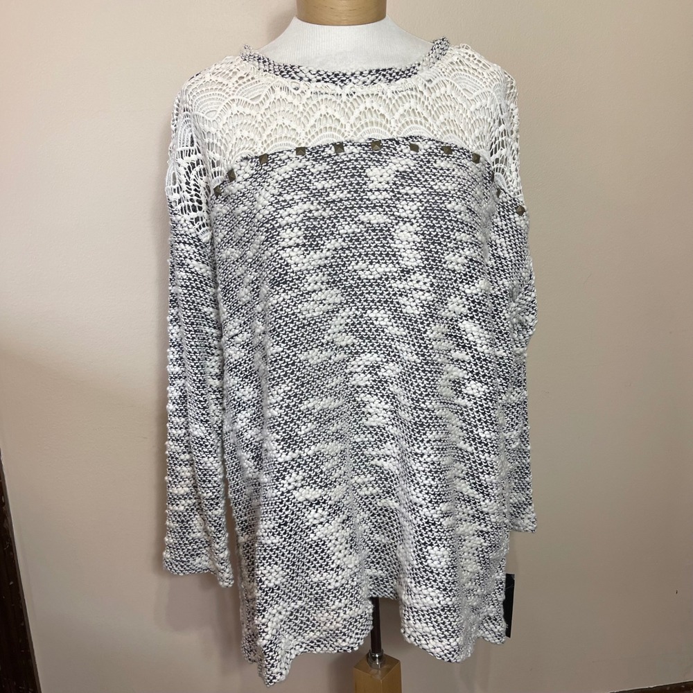 NEW Style &‎ Co Womens 3X Blue Crochet Lace Yoke Studded Tunic Sweater